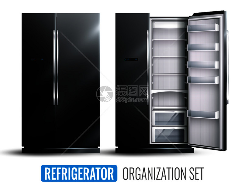 冰箱单色套打开空更宽的冰箱白色背景现实矢量插图冰箱单色套装图片