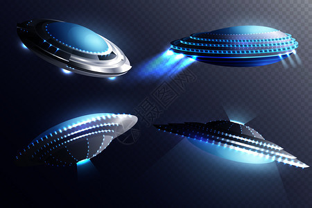 发光的外星宇宙飞船,透明的背景三维矢量插图上隔离外星宇宙飞船透明背景集图片