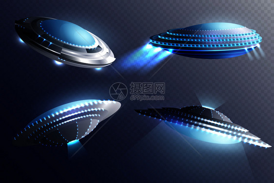 发光的外星宇宙飞船,透明的背景三维矢量插图上隔离外星宇宙飞船透明背景集图片