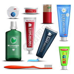 牙科卫生口腔护理产品逼真与漱口牙膏,牙刷,牙线木棒矢量插图牙科护理产品写实套装图片