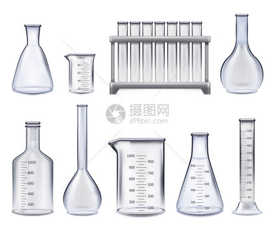套真实的试管各种形状的璃瓶与测量刻度隔离矢量插图现实的测试管集图片