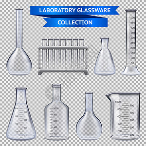 真实的实验室璃器皿收集与试管塑料架上,烧杯隔离透明背景矢量插图上现实的实验室璃器皿收集图片