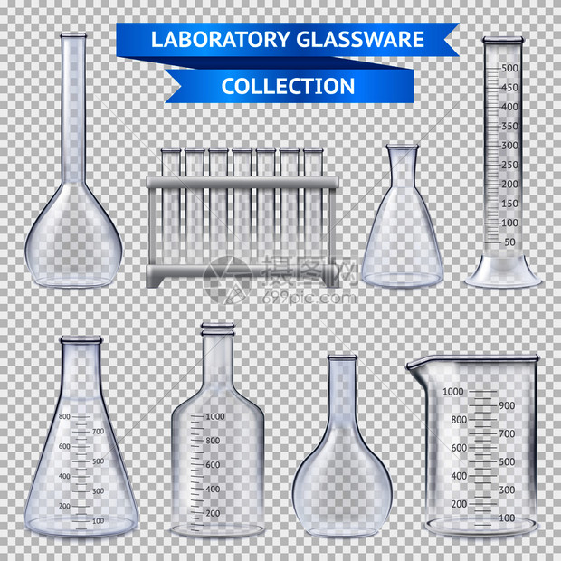 真实的实验室璃器皿收集与试管塑料架上,烧杯隔离透明背景矢量插图上现实的实验室璃器皿收集图片