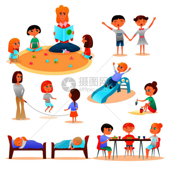 幼儿园人物平图标收集与孩子玩跳绳睡觉吃孤立矢量插图幼儿园字符平图标图片