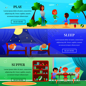 幼儿园人物水平横幅与孩子户外游戏,饮食睡眠矢量插图幼儿园人物横向横幅图片