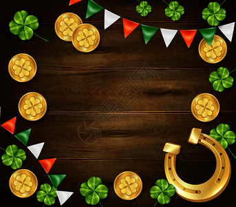帕特里克日框架木制背景与黄金马蹄硬币,三叶草,五颜六色的矢量插图帕特里克日木背景图片