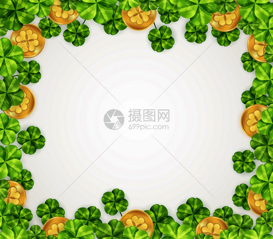 帕特里克节节日框架与叶子的三叶草金币白色背景矢量插图帕特里克日三叶草背景图片
