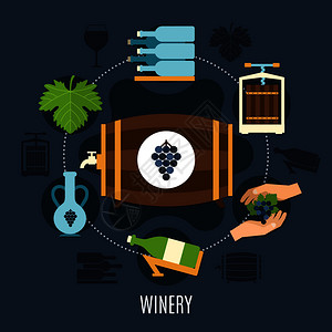 酒杯 人酒庄平与酒瓶木桶黑暗背景矢量插图酒庄平插画