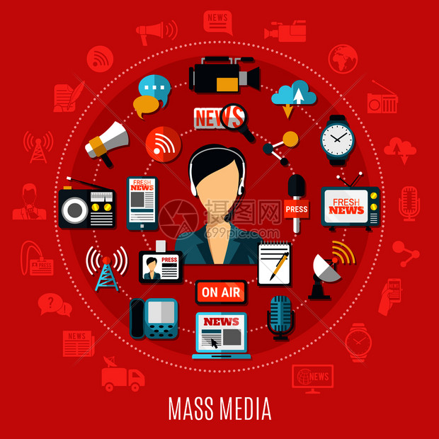 大众媒体圆形与经典元素互联网新闻红色背景平矢量插图大众媒体圆形理念图片