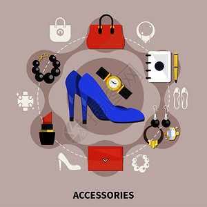 衣服平成与彩色配件手袋,手表,鞋泵其他矢量插图衣服扁平的构图图片