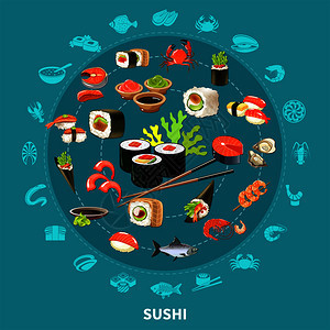 寿司圆形构图与平图标集结合大圆彩色矢量插图寿司圆形构图图片