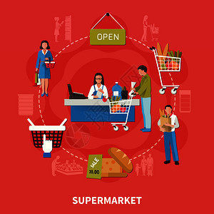 超市成红色背景与客户,货物,买家附近的现金台,产品与折扣矢量插图超市收银台成图片