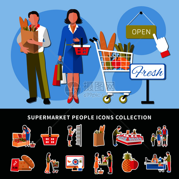 超市人员图标收集与卖家客户,商品柜台,现金台,折扣孤立矢量插图超市人图标收集图片