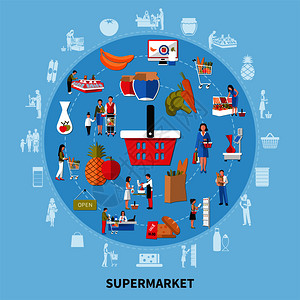 超市圆形构图以蓝色背景与卖家客户设备食品商品等进行折扣矢量插图超市圆形构图图片