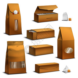 棕色麻袋牛皮纸茶袋松散的叶子包盒包装现实矢量插图牛皮纸茶包逼真图片