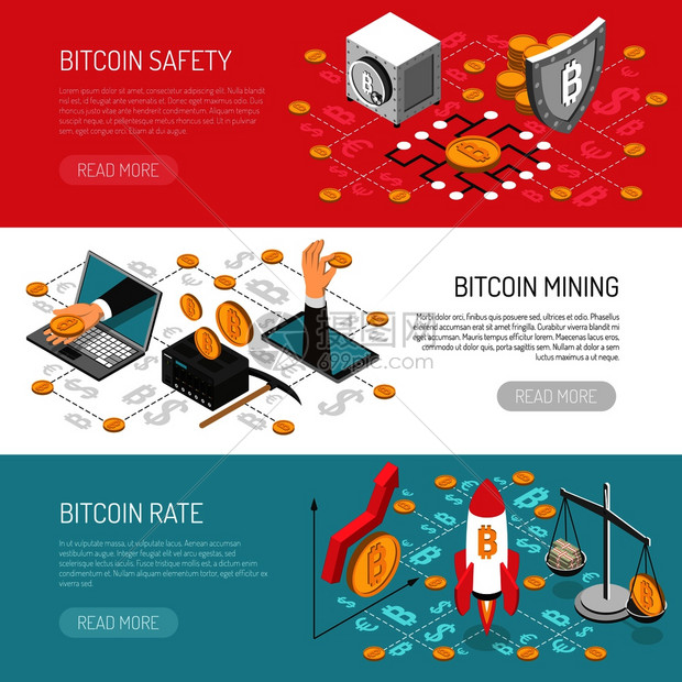 比特币加密货币安全交易挖掘3个水平等距横幅筹资符号矢量插图比特币利率安全等距横幅图片