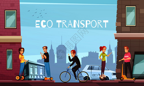 生态城市运输与个人过境设备滑板车两轮电动悬停板自行车卡通矢量插图个人生态交通城市海报图片