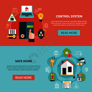 套平水平横幅与安全的家庭控制系统电子设备隔离矢量插图安全家园水平横幅图片