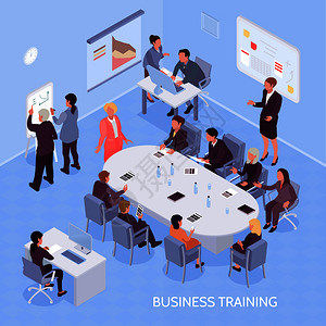 企业培训期间的业务专家员工,蓝色背景等距矢量插图上的办公室内部元素业务培训等距插图图片