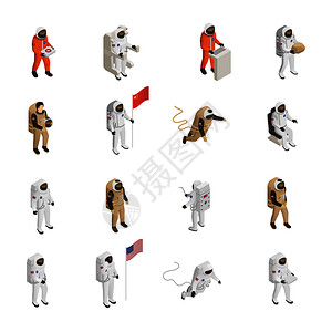 宇航员探险家太空服的数字等距图标收集与太空人漂浮外层矢量插图宇航员太空服等距装置图片