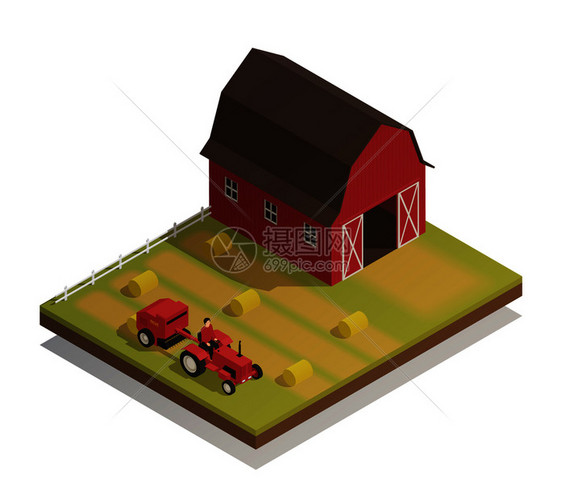 农业收获机械与干草制作设备紧凑拖拉机大型谷仓等距成矢量图农场干草收获等距成图片