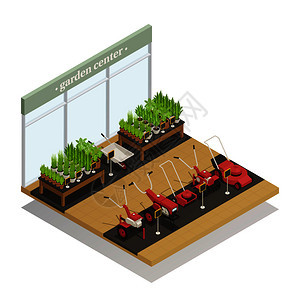 花园中心轻植物农业设备销售等距成与割草机手推车矢量插图花园中心设备销售等距成图片