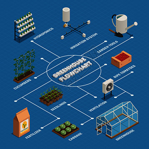 温室园艺工具植物设备等距流程图与水培灌溉系统肥料幼苗矢量插图温室装置生产等距流程图图片