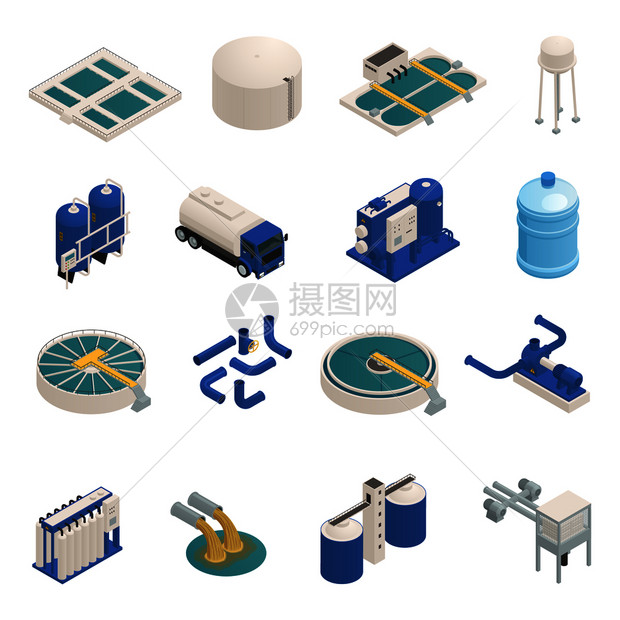 净水技术元素等距图标收集与废水清洗过滤抽油机隔离矢量图废水净化等距图标图片