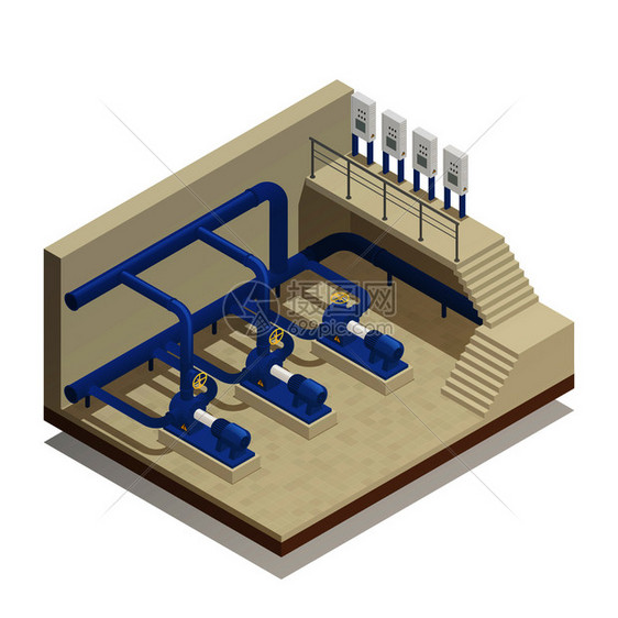 净水清洗设施元件等距成与处理厂泵系统设备矢量图水清洗系统等距成图片