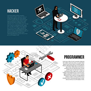 水平等距横幅与黑客破解计算机程序员工作中矢量插图黑客程序员等距横幅图片