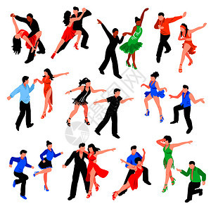 拉丁舞萨尔萨,伦巴,桑巴孤立矢量插图期间,穿着明亮服装的等距人群舞蹈等距的人图片