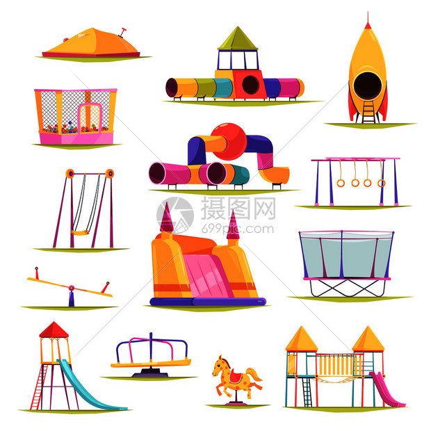 儿童游乐场与彩色滑倾摆集各种结构矢量插图的孤立图像儿童游乐场元素图片