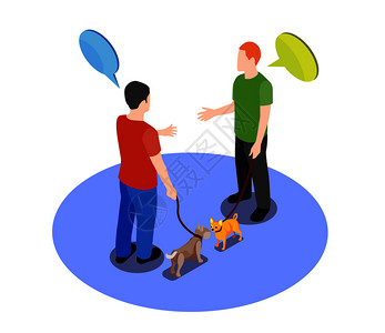 心爱的宠物与两个男人开会与他们的狗等距矢量插图心爱的宠物主人图片