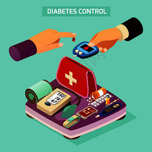 糖尿病控制等距成的绿松石背景与糖测量过程,设备药物,鳞片矢量插图糖尿病控制等距成图片