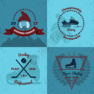 冬季运动标志2x2与极限竞赛,雪上移动锦标赛,专业曲棍球,花样滑冰孤立矢量插图冬季运动标志2x2图片