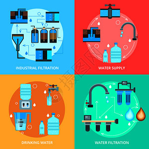 水清洗平理念与供应工业净化,家庭过滤为饮料孤立矢量插图水清洗平理念图片