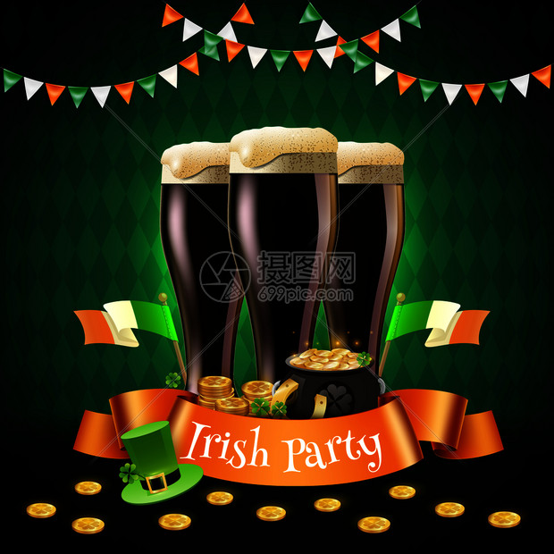 帕特里克爱尔兰的成与丝带,啤酒,妖精帽,黄金矢量插图帕特里克爱尔兰的成图片