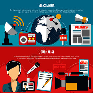 大众媒体记者水平横幅与经典记者配件现代通信技术元素平矢量插图大众媒体记者横向横幅图片