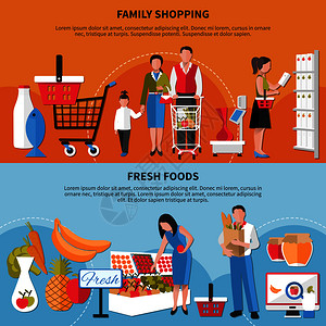 套水平横幅与家庭购物,新鲜食品隔离橙色蓝色背景矢量插图家庭购物新鲜食品横幅图片