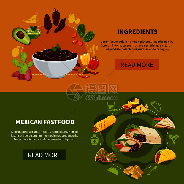 套水平横幅与墨西哥快餐传统菜肴的成分矢量插图墨西哥快餐水平横幅图片