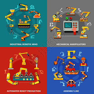 四方格机器人手臂与机械机械手自动机器人生产装配线描述矢量插图机器人手臂的背景图片