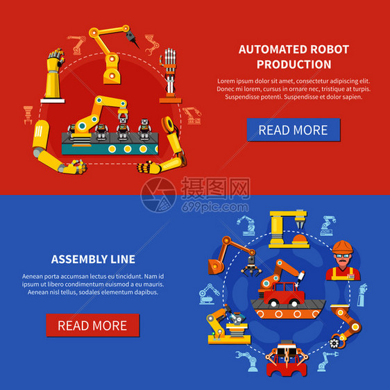 两个彩色水平机器人手臂横幅自动机器人生产装配线描述矢量插图机器人手臂横幅套图片