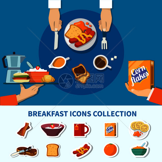 早餐的食物饮料,平彩色图标收集薄片,咖啡,烤包,培根,粥,橙色,矢量插图平早餐图标集合图片