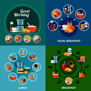 各种早餐午餐菜肴饮料2x2图标彩色背景平矢量插图上早餐2x2图标图片