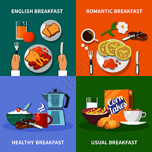 早餐馆平彩色2x2图标与服务的英语健康通常浪漫的变体早餐孤立矢量插图平2x2早餐图标插画