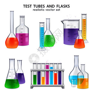 化学实验室璃器皿设备,真实的套试管瓶,用彩色试剂分离矢量插图蒸馏现实的测试管反驳图片