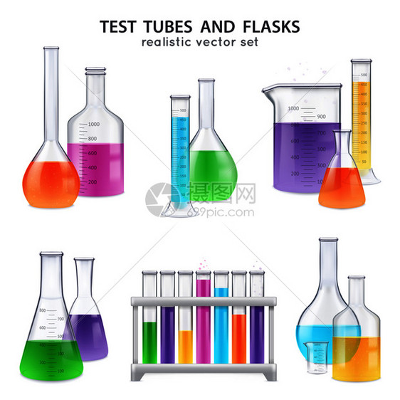 化学实验室璃器皿设备,真实的套试管瓶,用彩色试剂分离矢量插图蒸馏现实的测试管反驳图片