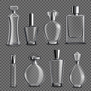 香水璃瓶,各种形状帽子,透明无色现实透明背景隔离矢量插图香水璃瓶真实透明图片