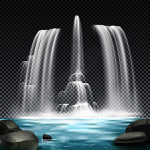 瀑布喷泉水厂写实建筑元素与石头瀑布黑暗透明的背景矢量插图喷泉水厂真实透明背景图片