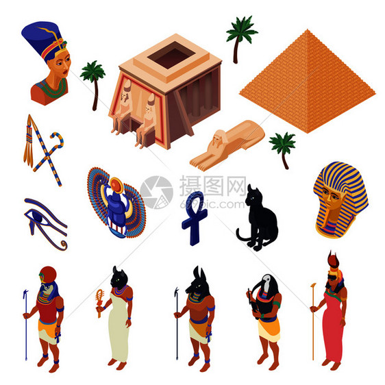 埃及文化符号,地标景点等距图标收集金字塔民族本土服装孤立矢量插图埃及等距集图片